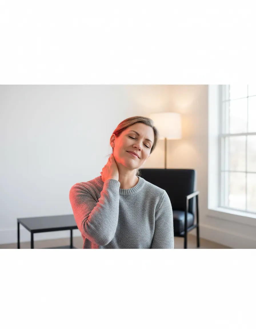 Frustrated and tired individual in their 50s rubbing their neck in pain