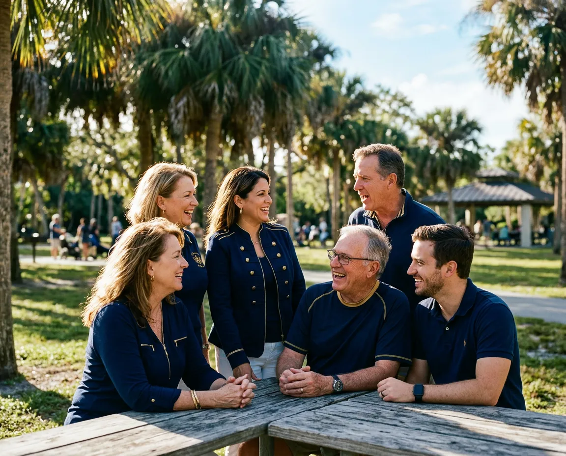 Friendly Sarasota community members engaged in thoughtful outdoor conversation under sunny Florida palm trees