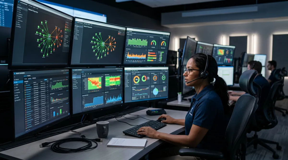 Professional IT support technician monitoring servers and multiple computer screens