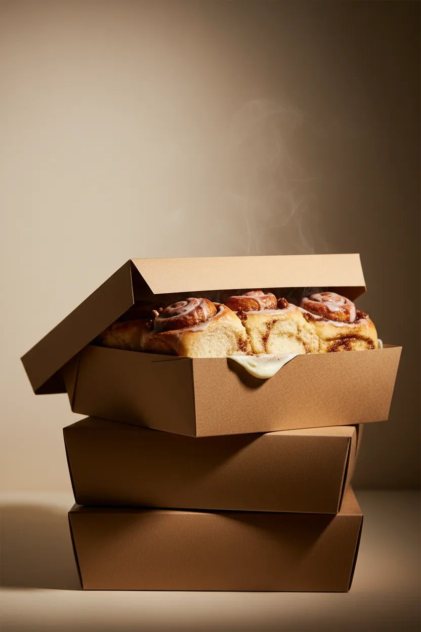 Macro shot of stacked catering boxes with warm cinnamon rolls