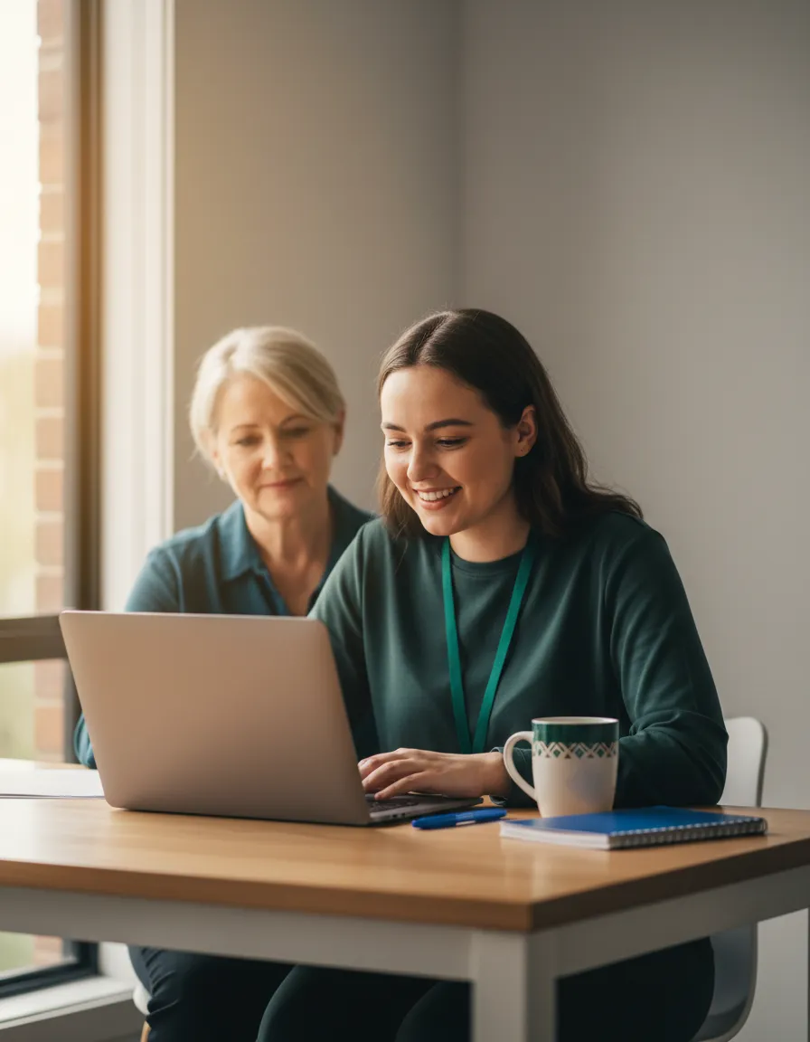 Smiling NDIS participant working on a computer in a supportive environment