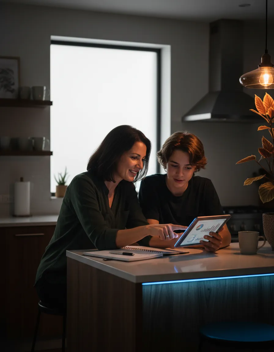 Parent and teen discussing practical life skills at the kitchen table