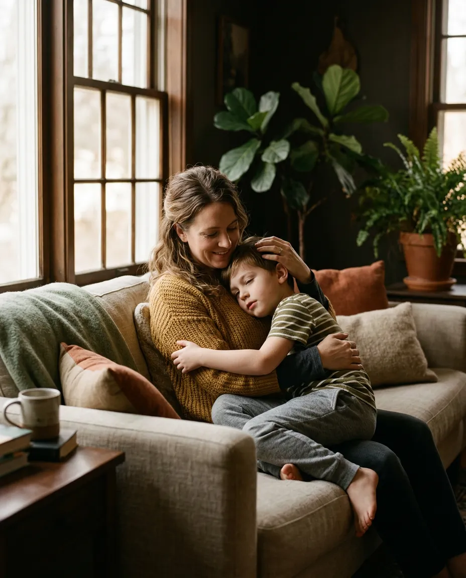 A gentle and comforting moment between a caring parent and child in a soft natural light setting