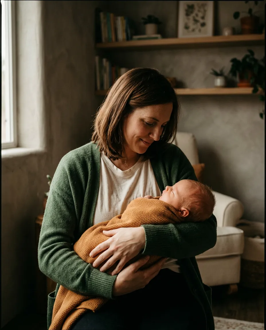 Loving parent holding a calm, relaxed infant in a naturally lit pediatric clinic room