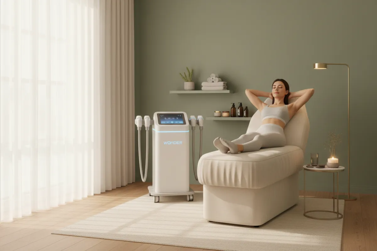 Poklidný, moderní terapeutický salonek s přístrojem Wonder pro tvarování postavy, s jemným přirozeným světlem. Klient se připravuje na personalizované ošetření v elegantním a uklidňujícím prostředí. Prostor evokuje proměnu, wellness a pocit exkluzivní péče.