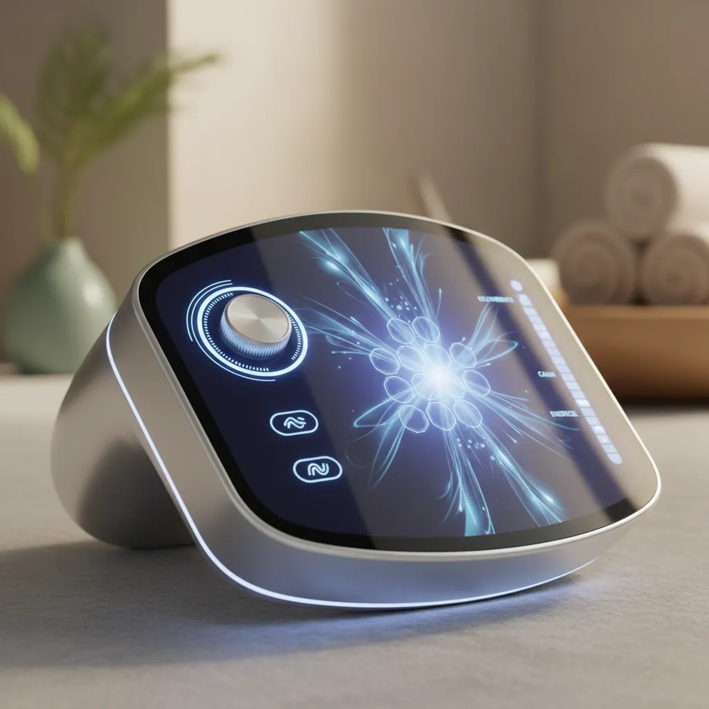 Detailní záběr elegantního rozhraní zařízení Wonder, zobrazující pokročilé ovládací prvky a ergonomický design na jemně rozostřeném spa pozadí. Obrázek zdůrazňuje inovaci a precizní inženýrství.