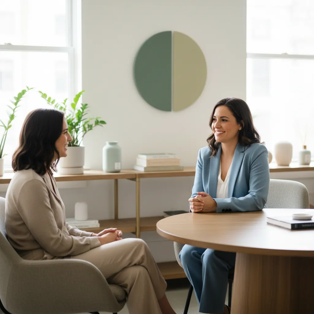 Přátelský poradce pro wellness mluví s klientem v jasné, vstřícné kanceláři. Poradce se usmívá a prostředí působí podpůrně a profesionálně, zdůrazňující osobní kontakt a péči.