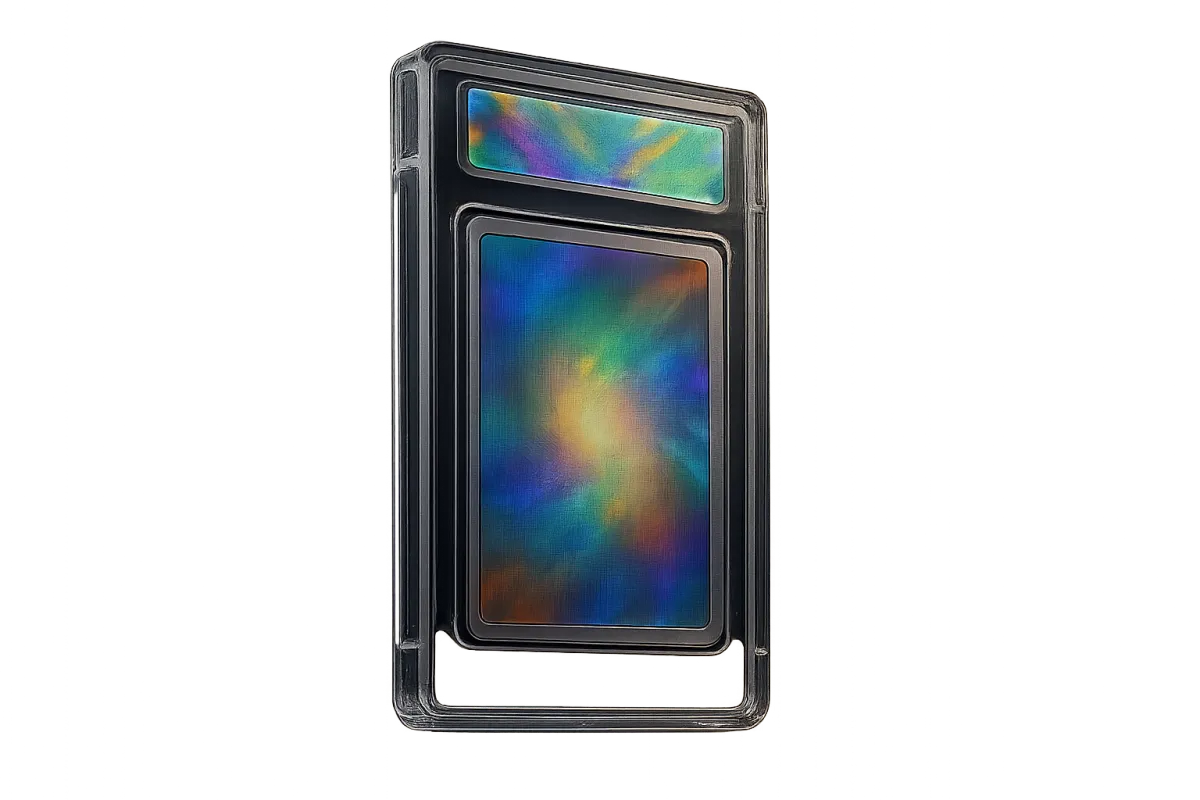 3D-rendered trading card slab with holographic grading label on transparent background