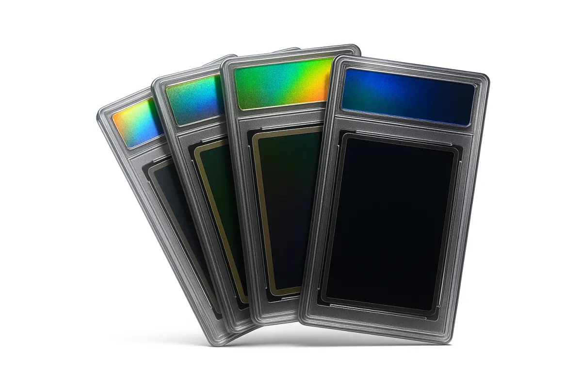 3D renders of graded trading card slabs with holographic labels, arranged fan style under studio rim lighting