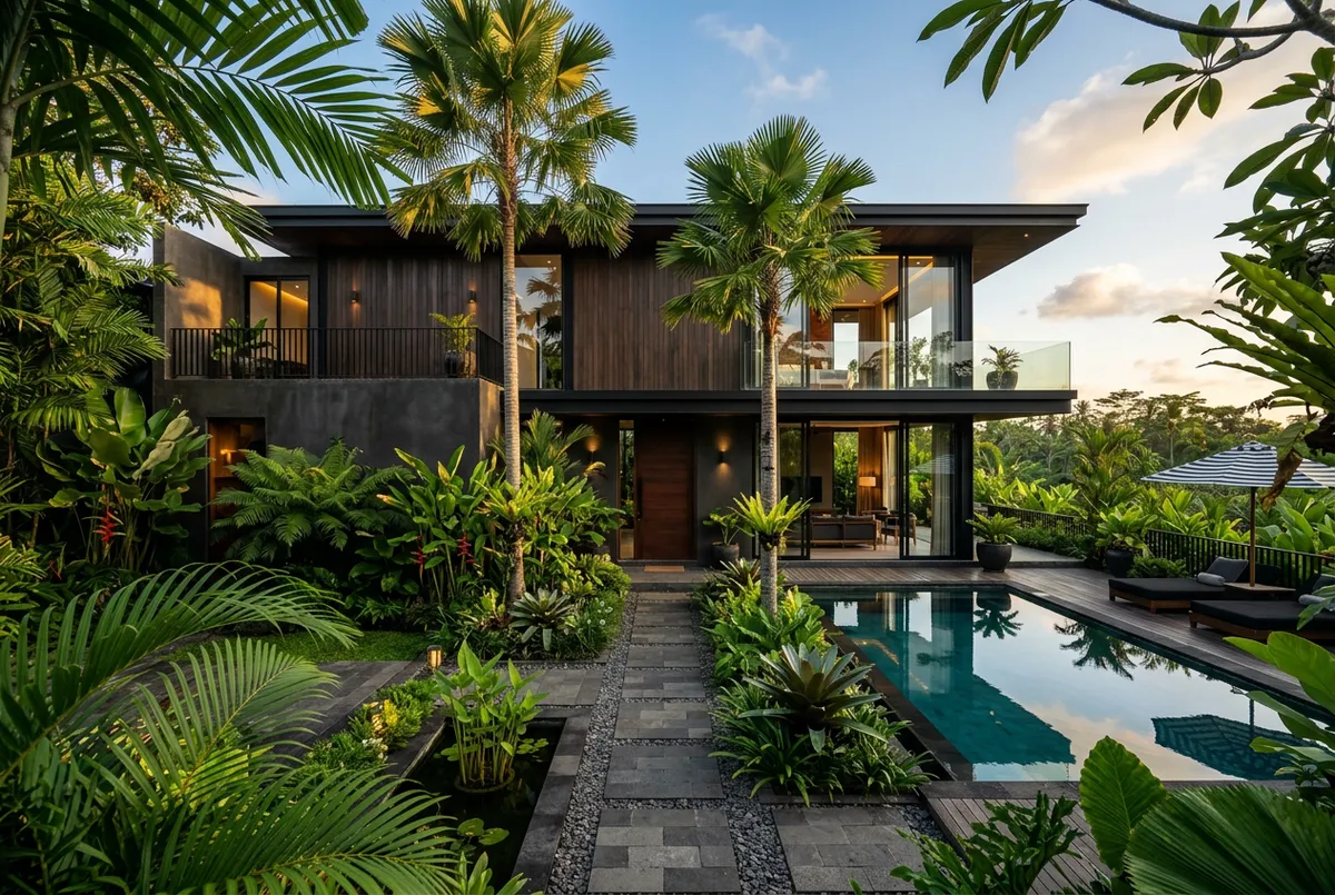 Sun Palm Villas completed after construction lush tropical modern villa