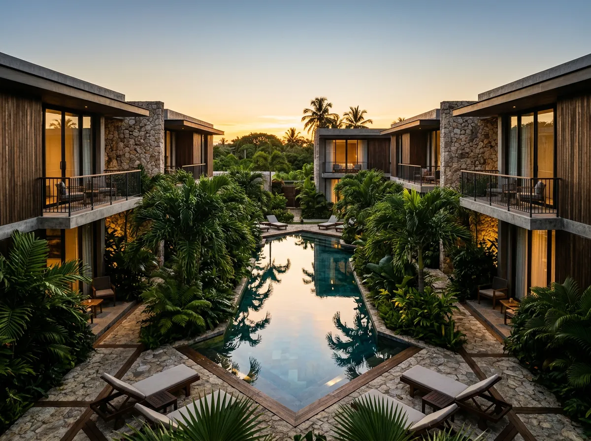 Sun Palm Villas completed exterior architecture and pool courtyard