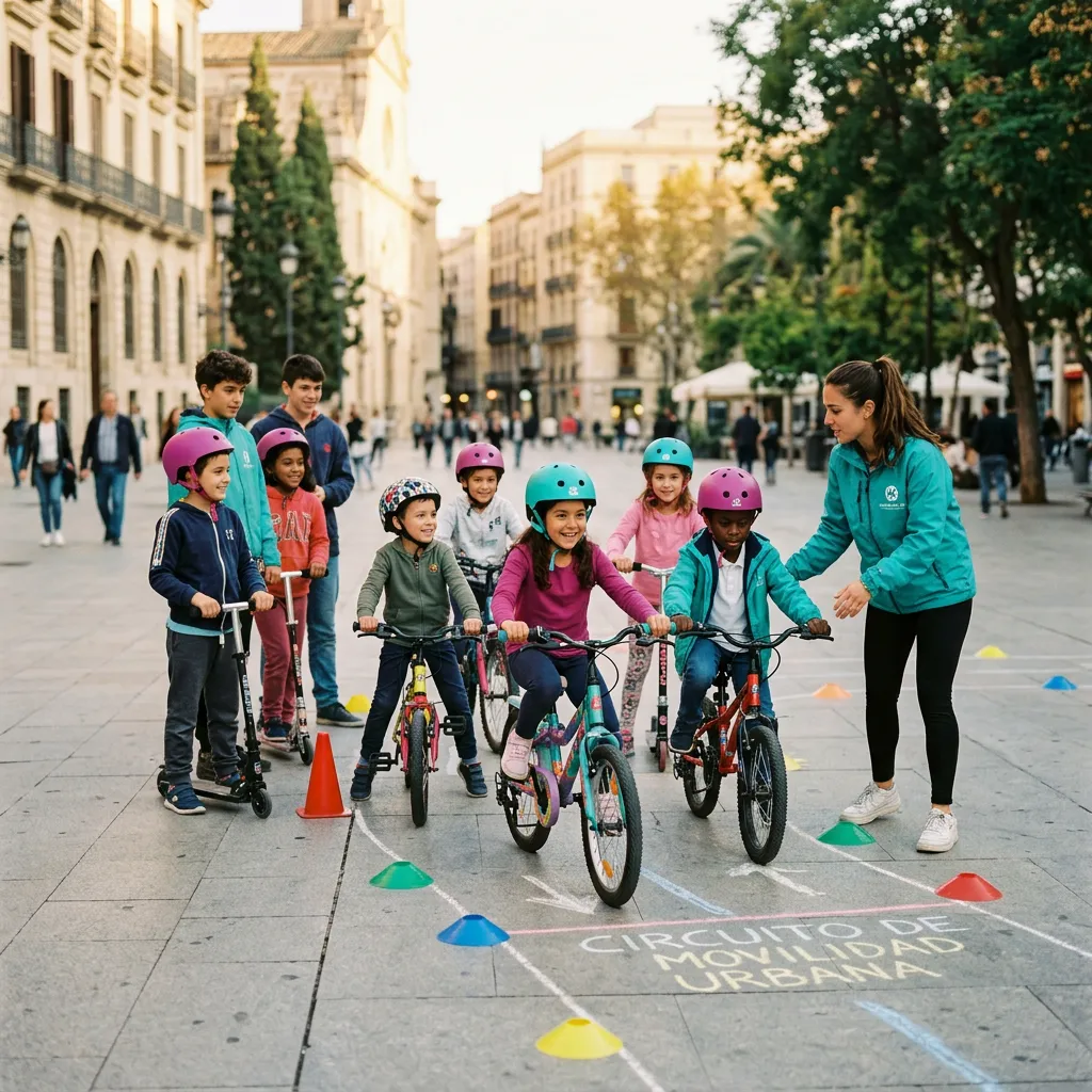 Jóvenes y niños aprendiendo movilidad activa y ciclismo urbano en espacio público abierto