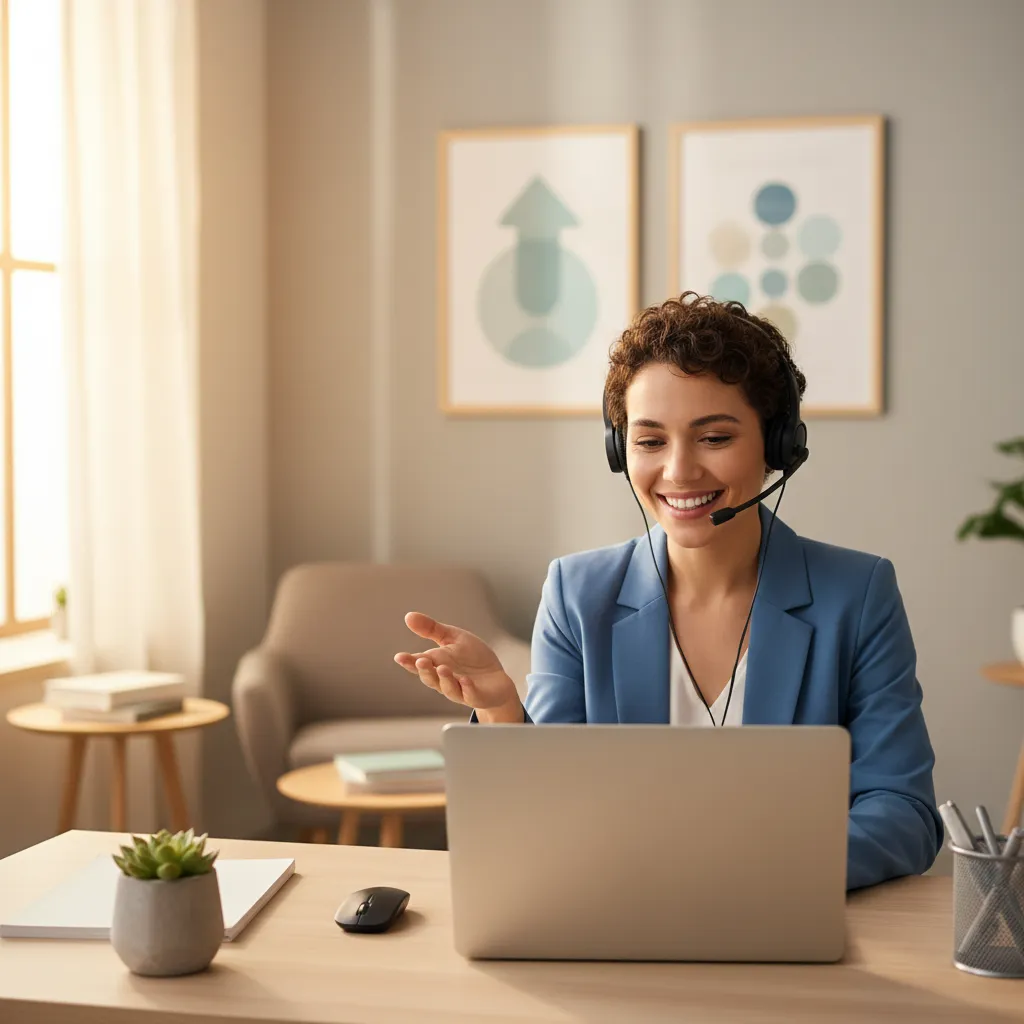 A friendly support specialist with a headset smiles while assisting a client via laptop, set in a welcoming office with soft lighting and motivational posters. The environment is approachable, professional, and customer-focused.