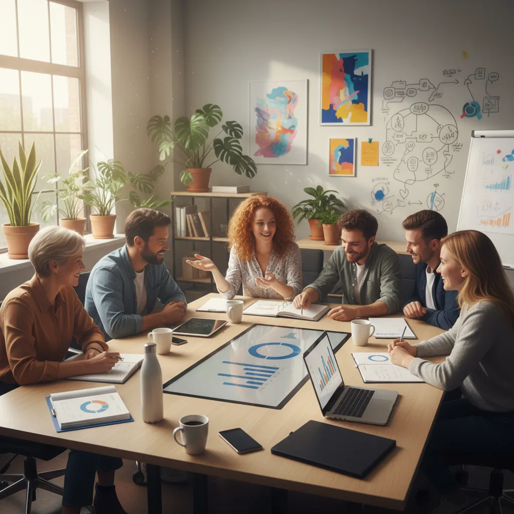 A group of professionals from various backgrounds collaborate around a table, reviewing business plans and digital devices, in a sunlit office with plants and creative decor. The atmosphere is energetic, inclusive, and focused on teamwork.
