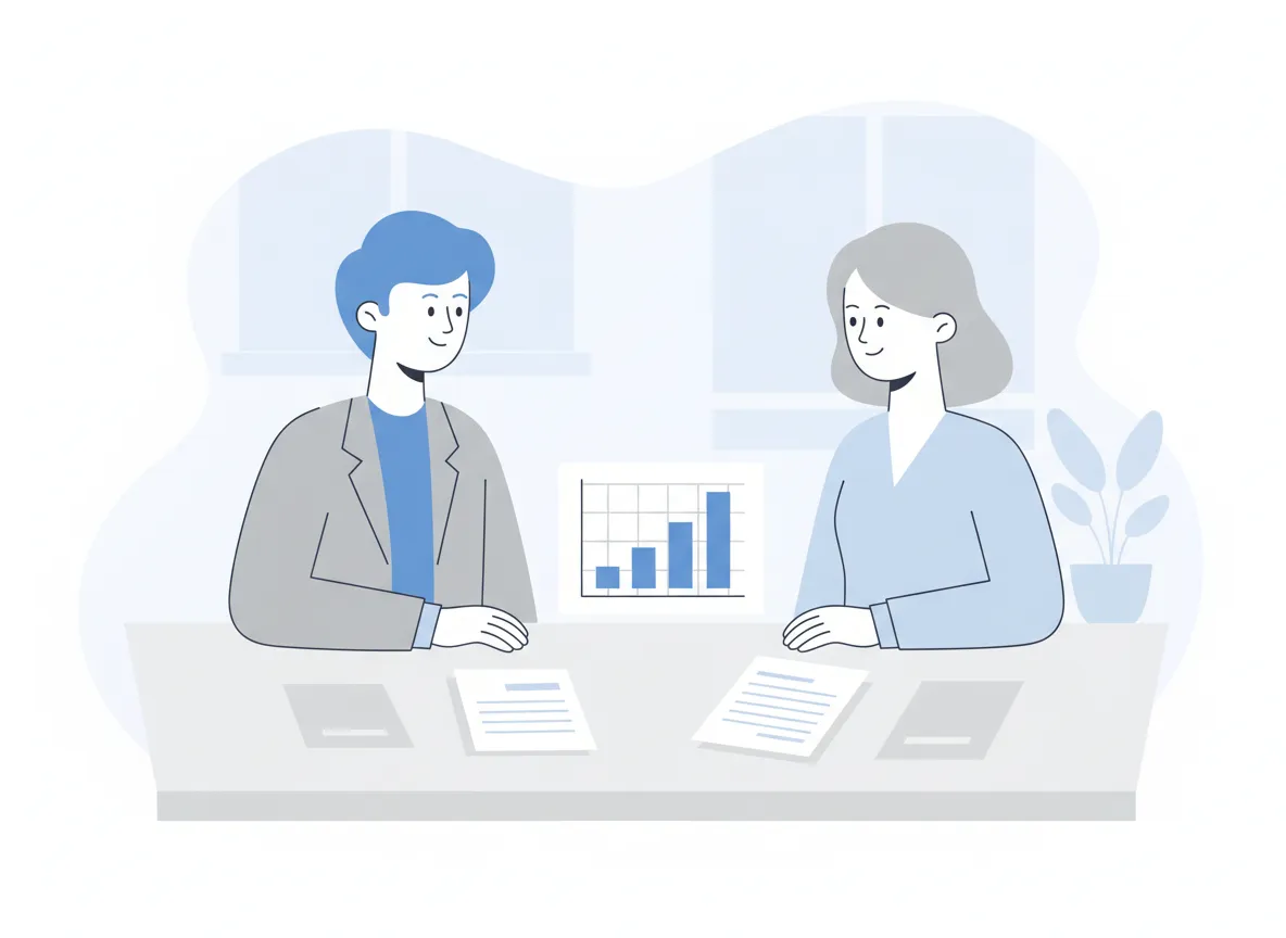 Ilustración plana de profesional revisando finanzas con asesora