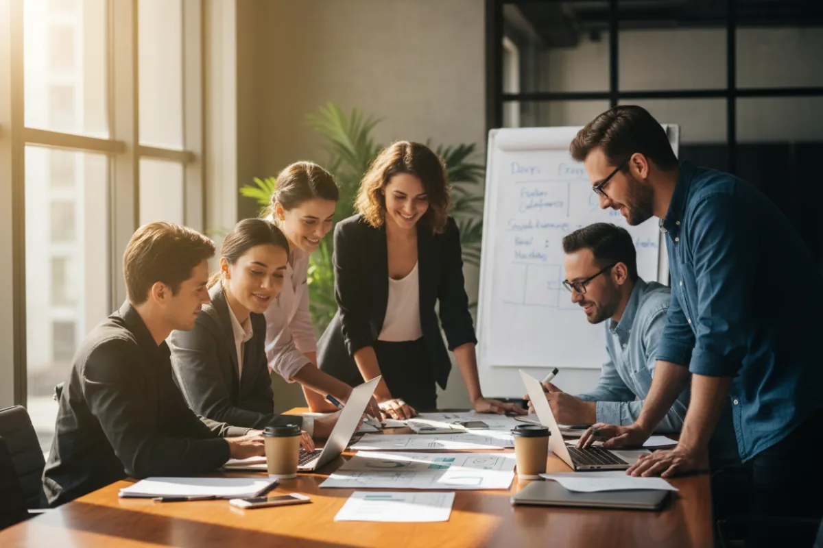 Cross-functional team around a table drafting an AI policy together in a collaborative workshop setting.