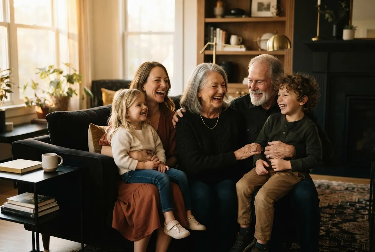 Multi-generational family gathered securely in an elegant living room