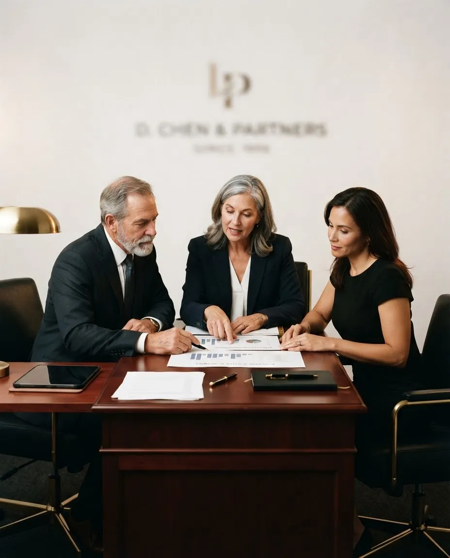 Editorial photograph of LJ Insurance executive advisors reviewing client portfolio documents in an elegant consultation suite