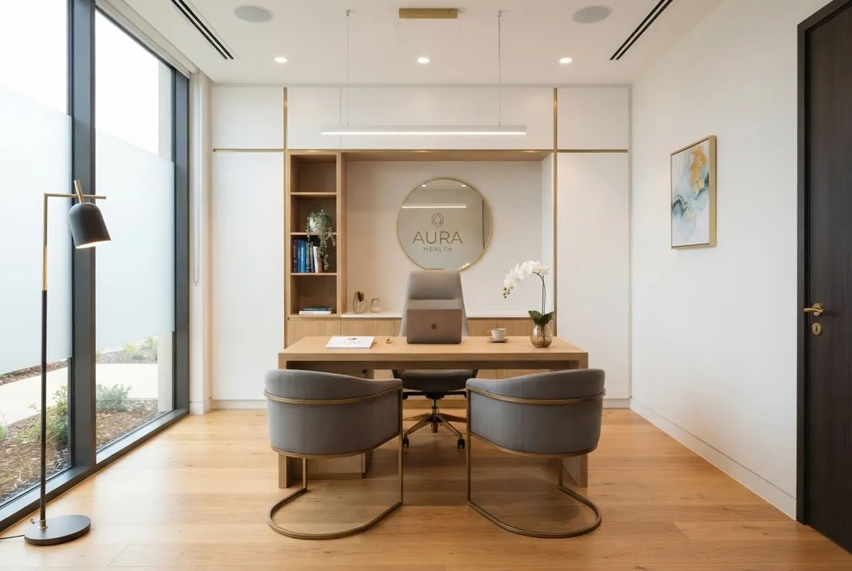 Private medical specialist in consultation inside a modern healthcare suite
