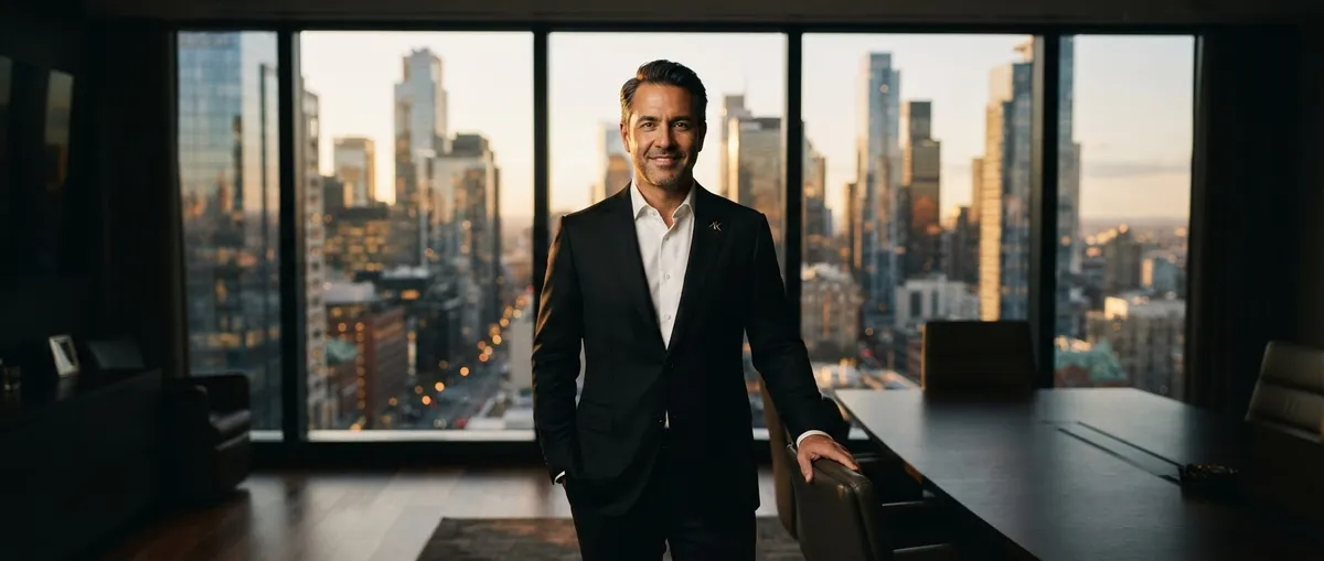 Independent small business owner in executive boardroom overlooking financial district
