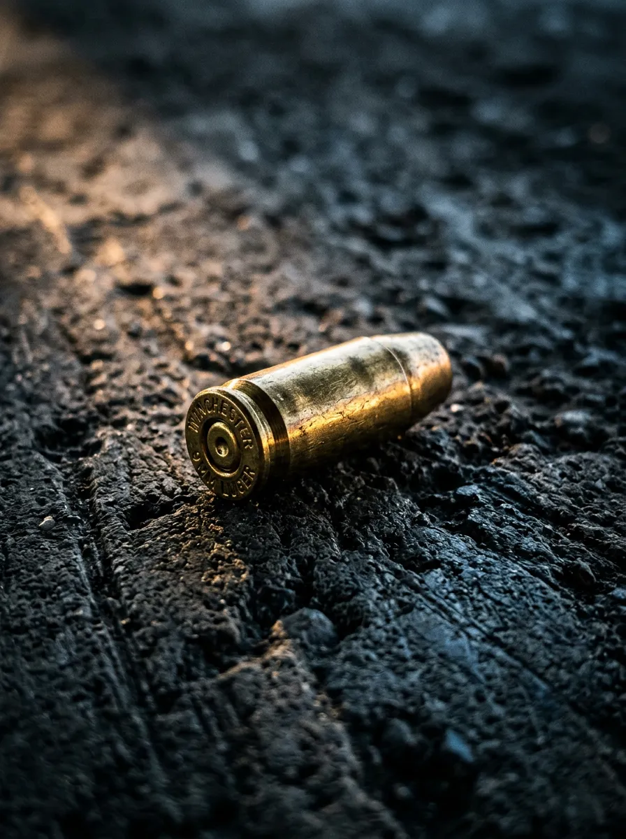 Gritty high-contrast macro shot of a spent brass casing on dark industrial concrete surface with dramatic lighting