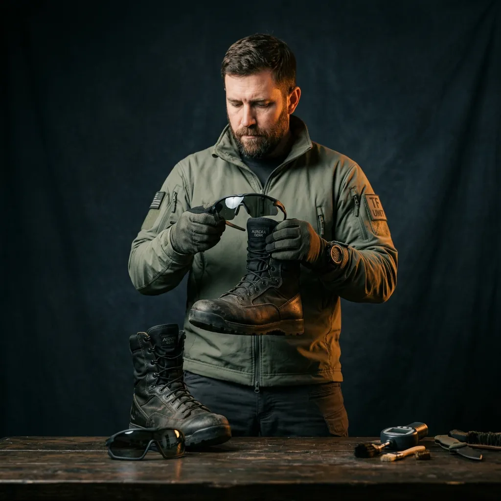 Tactical specialist conducting field durability evaluation of combat boots and ballistic eye protection