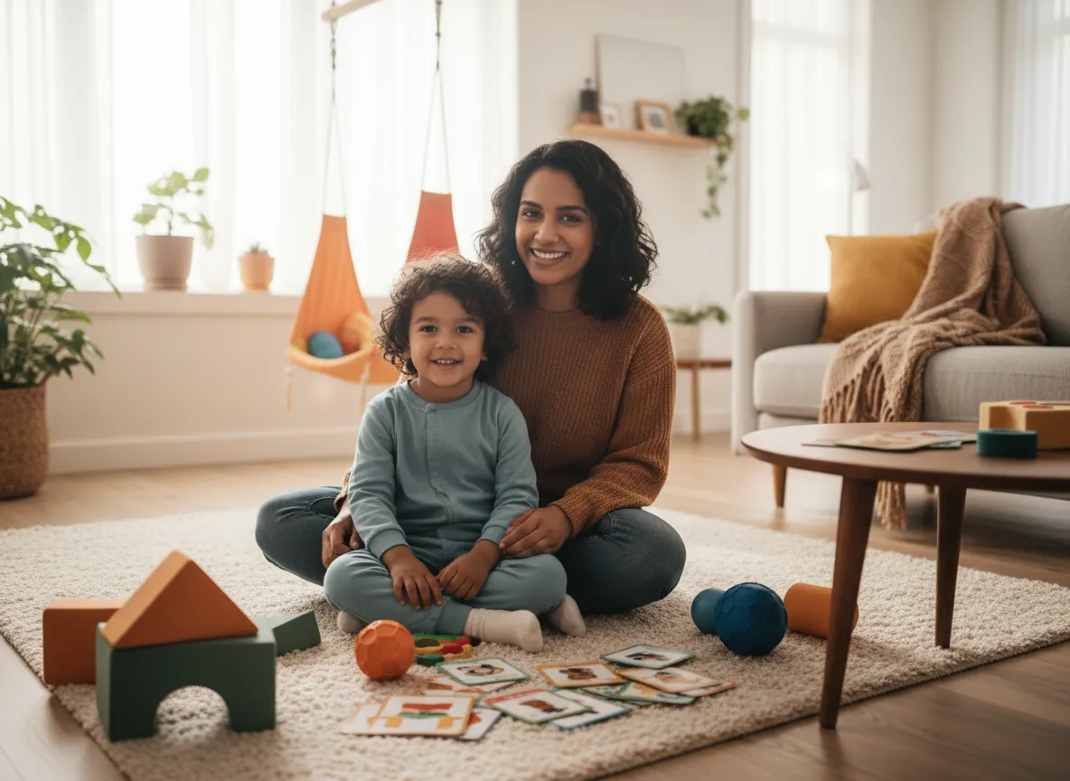 Parent and child playing together in a supportive therapy setting
