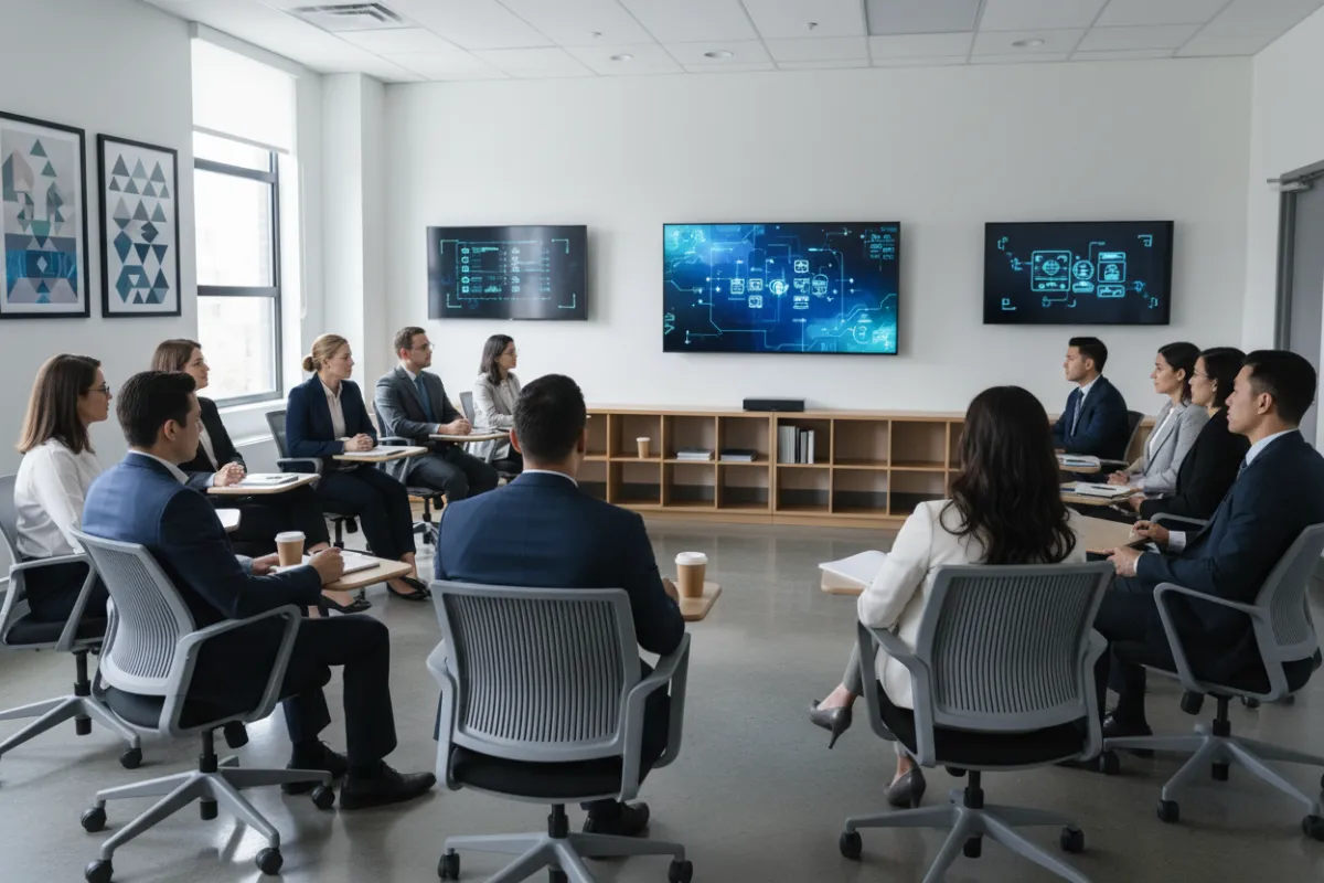 A classroom setting with real estate agents of various ages and backgrounds, attentively watching a digital presentation on AI tools. The room is bright, modern, and features real estate posters and digital screens. 3:2 aspect ratio.