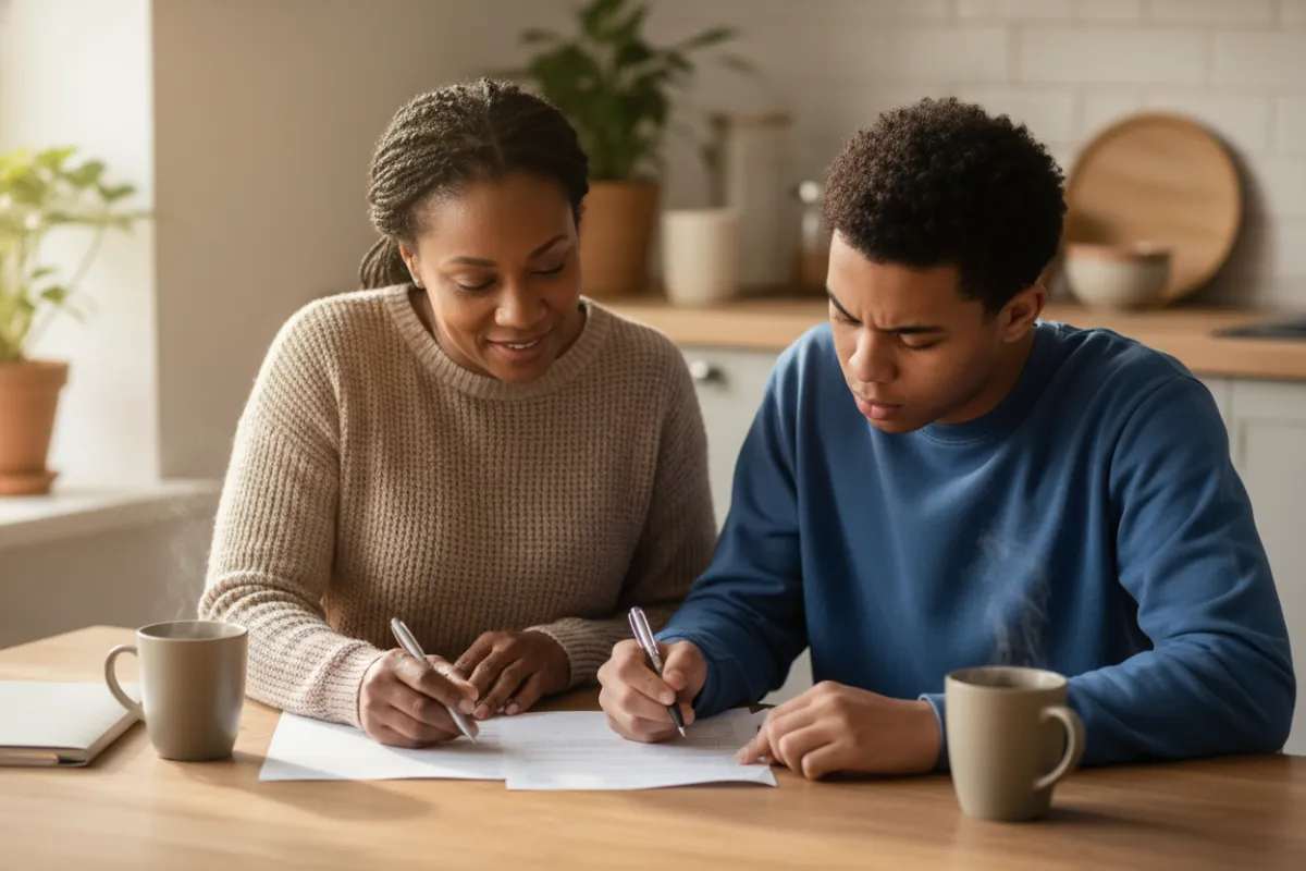 A mature Black woman and her adult son with autism sitting at a kitchen table, filling out a form together, both focused and hopeful, with soft morning light and a calm, supportive atmosphere.