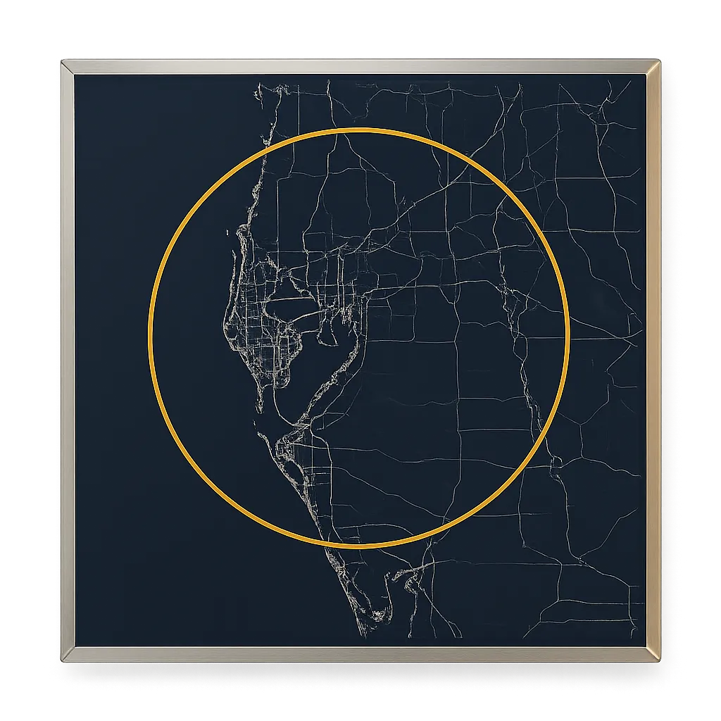 Industrial compass graphic map representing the 60-mile service radius around Tampa Bay