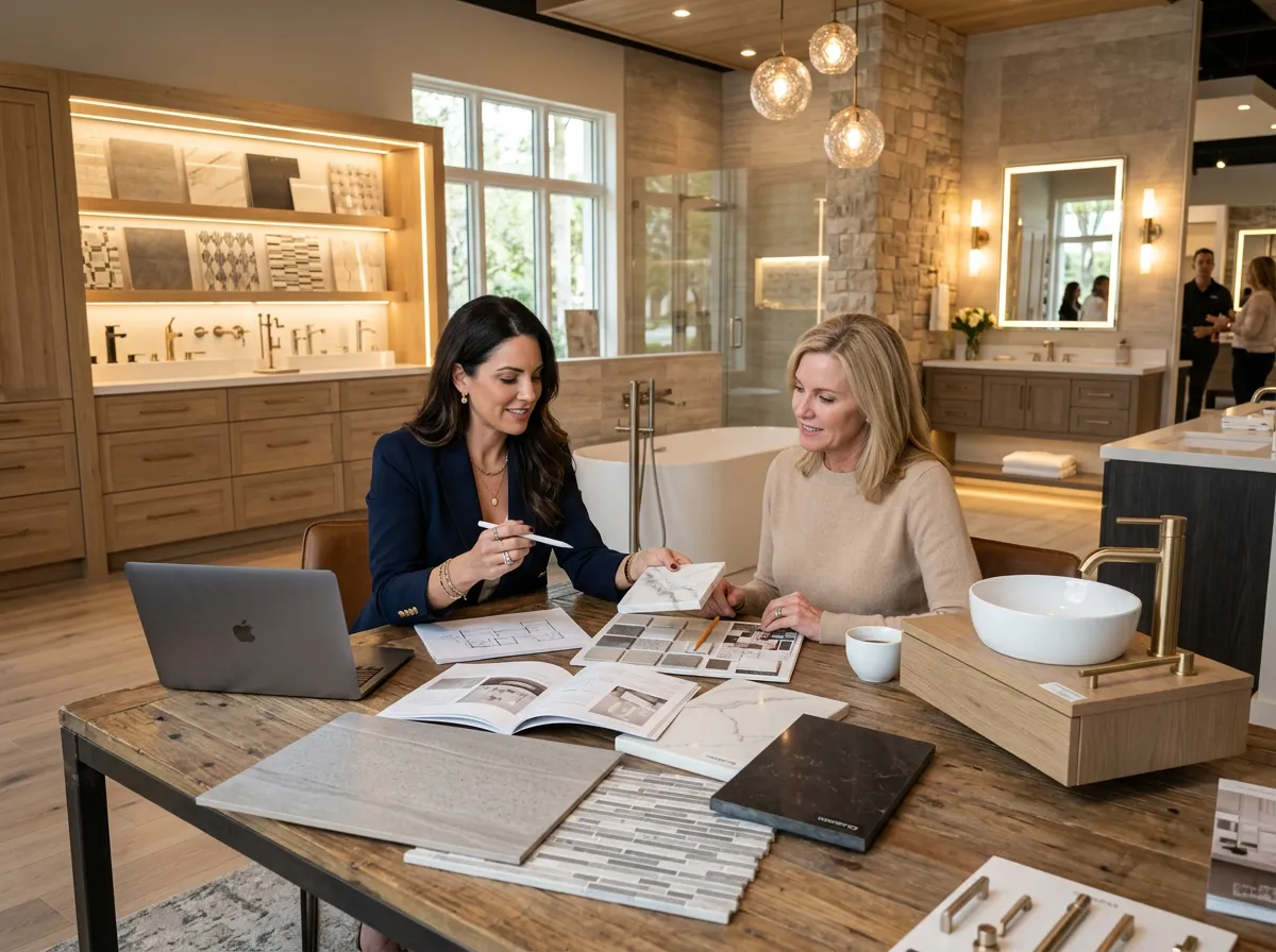 Two people reviewing design plans and material samples at a consultation table