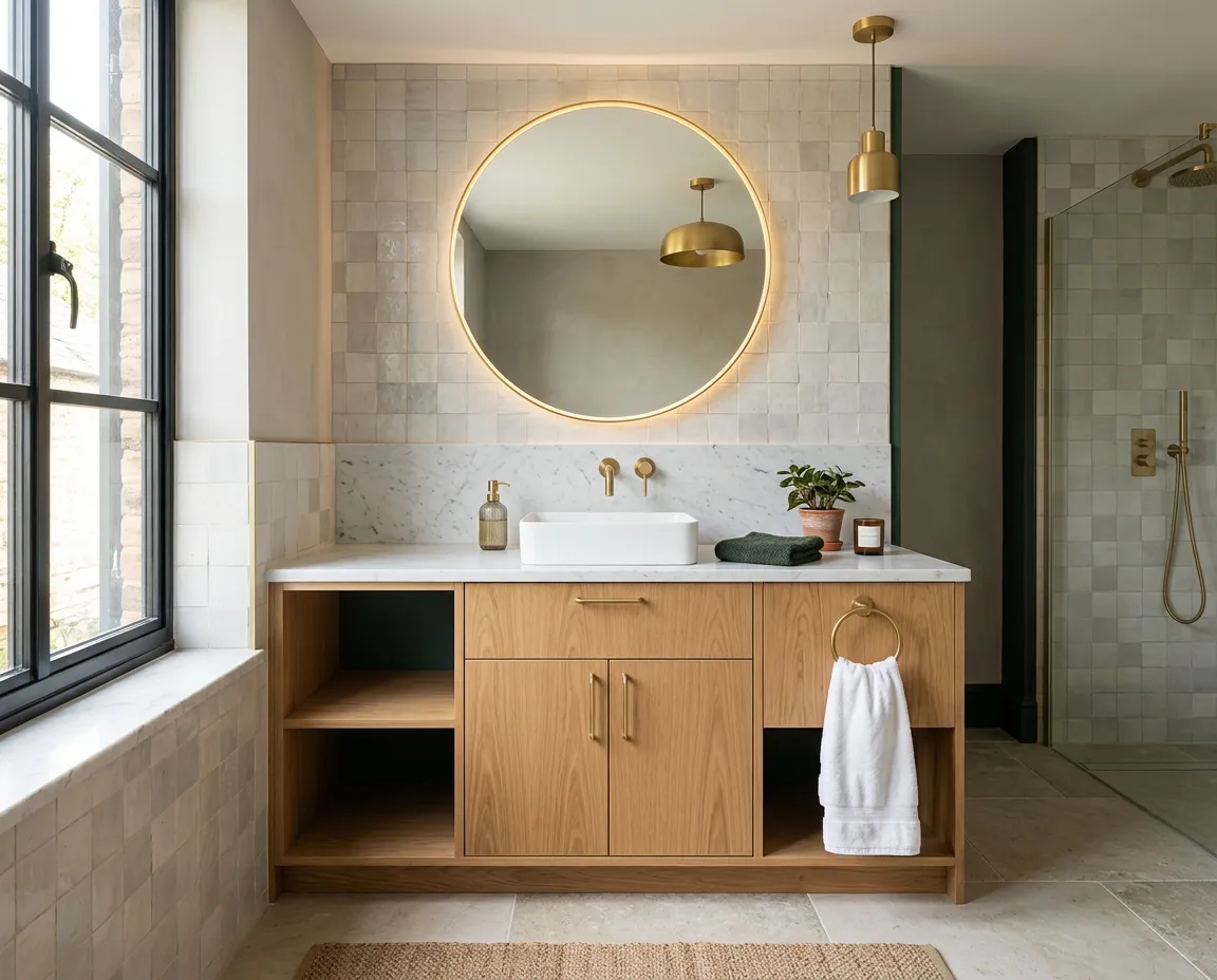 Bathroom with light wood floating vanity, round illuminated mirror, and brass wall-mounted faucet