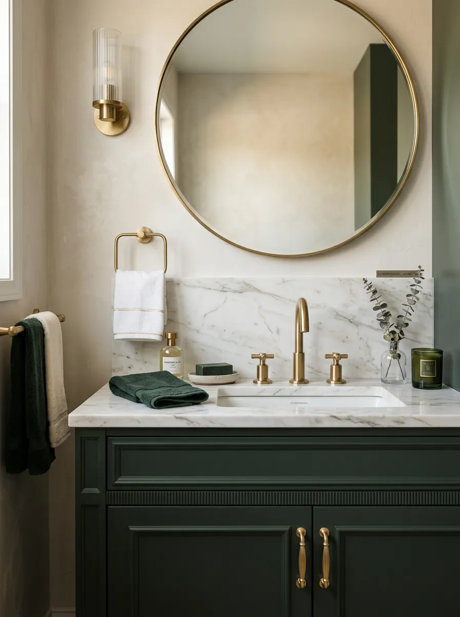Bathroom with dark green vanity cabinetry, white stone countertop, round gold mirror, and brass wall sconce