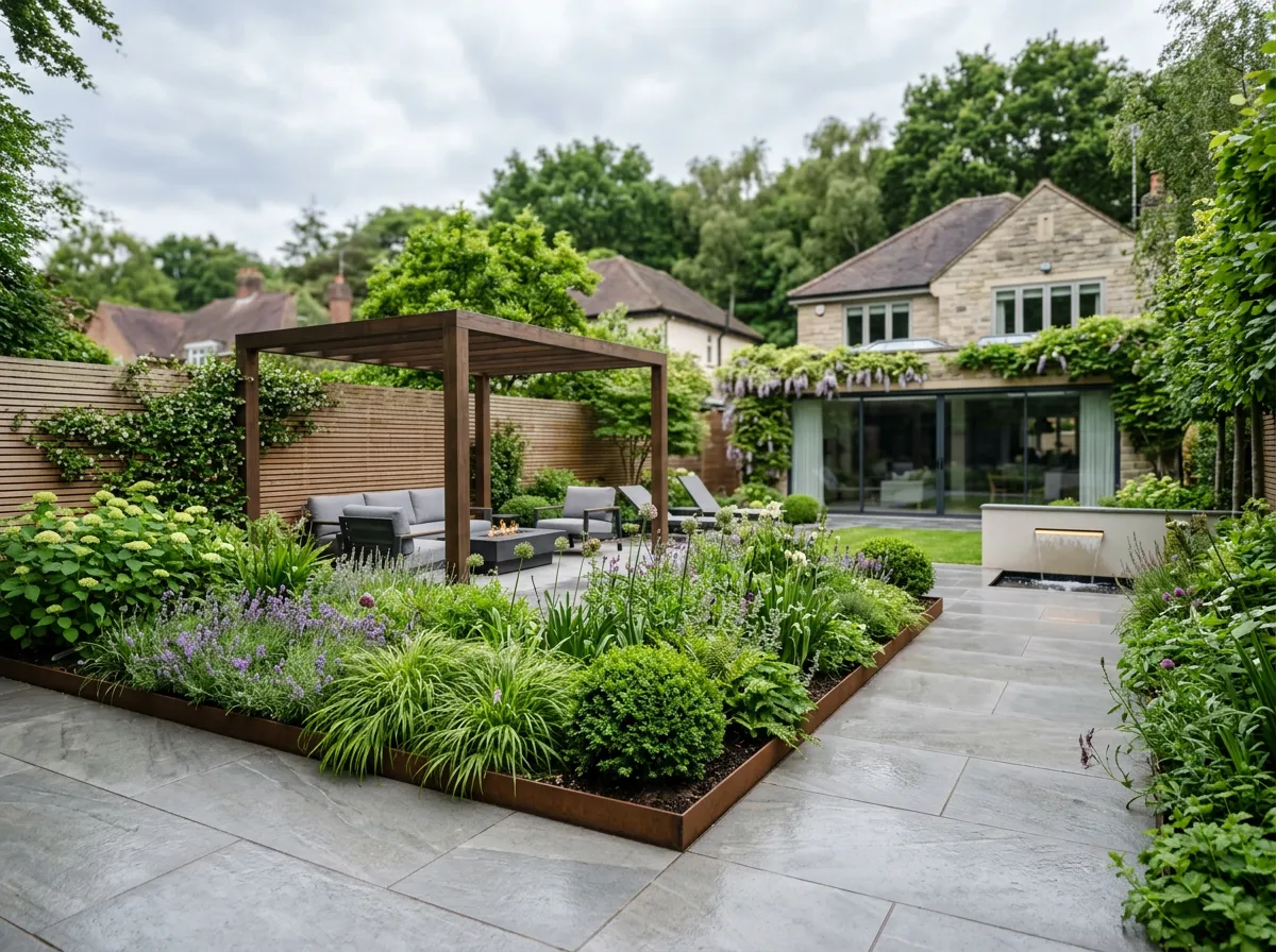 Modern landscaped garden with stone paving and structured planting