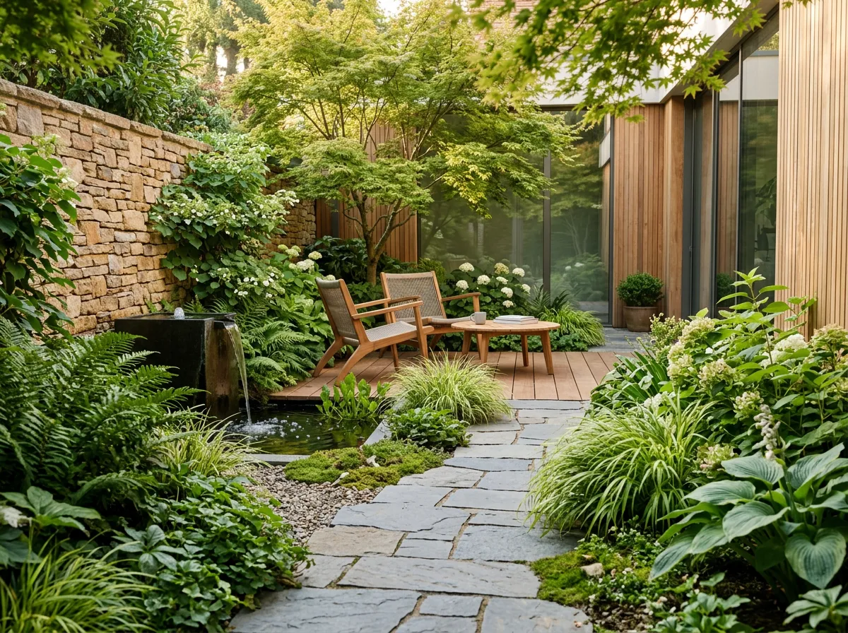 Tranquil modern courtyard garden with layered planting and timber/stone textures