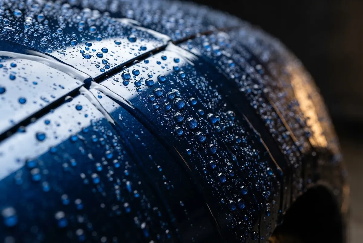 Macro photograph of water droplets beading and sheeting across hydrophobic ceramic PPF surface