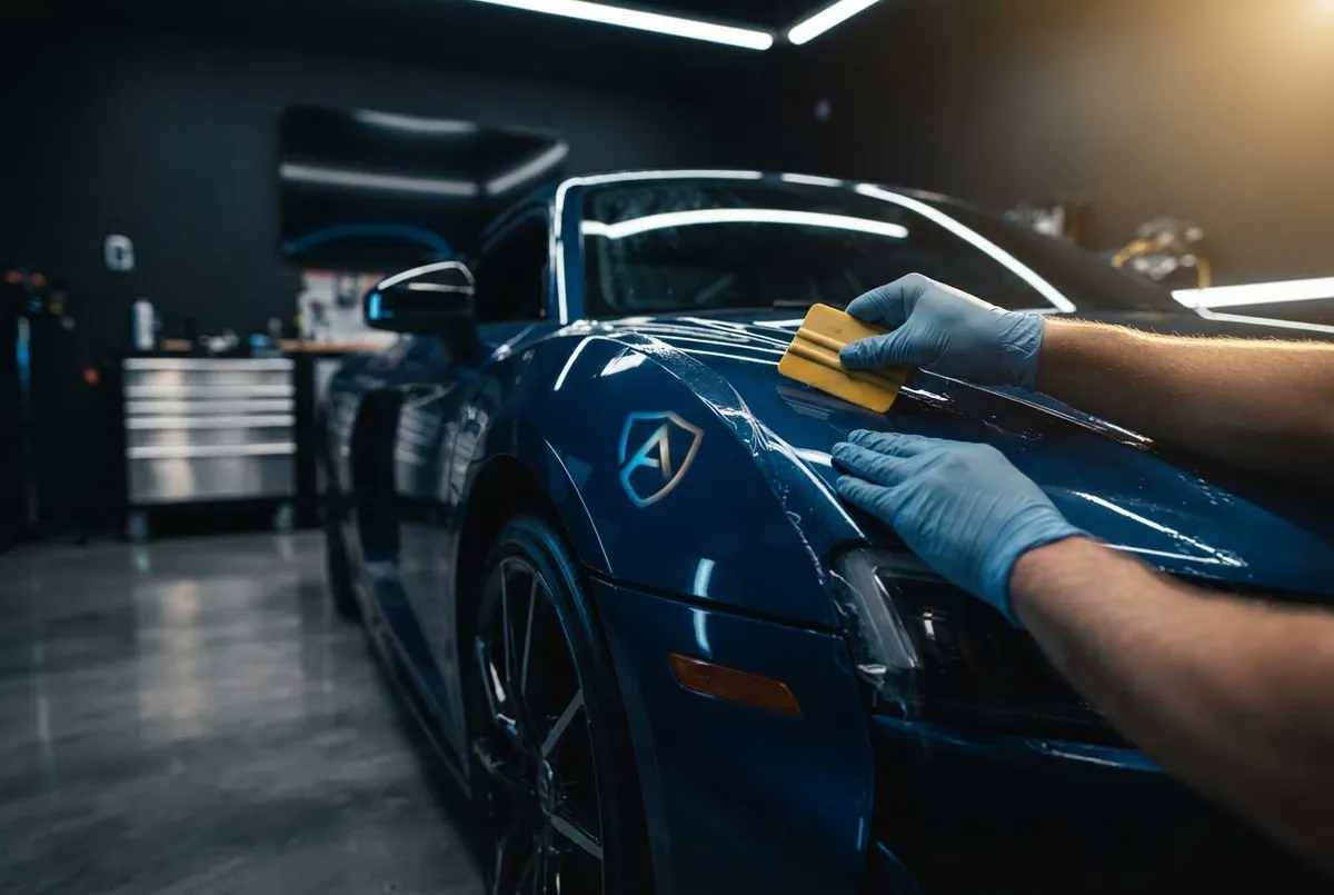 Sleek luxury vehicle clear-coat paint protection film application with insurance shield emblem