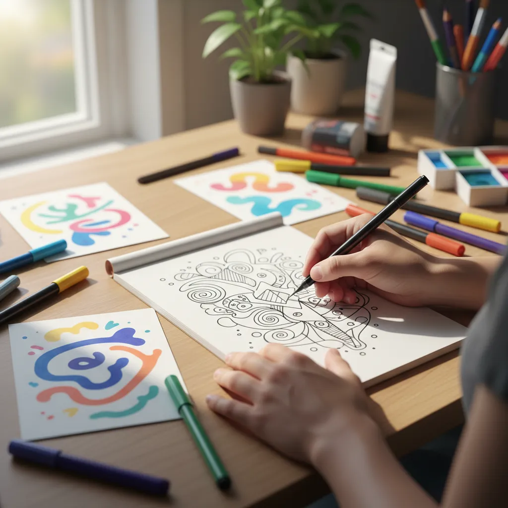 A close-up of hands sketching a creative concept on a notepad, surrounded by colorful markers and inspirational quotes, in a bright, artistic workspace. The image is dynamic, creative, and focused on the act of creation.