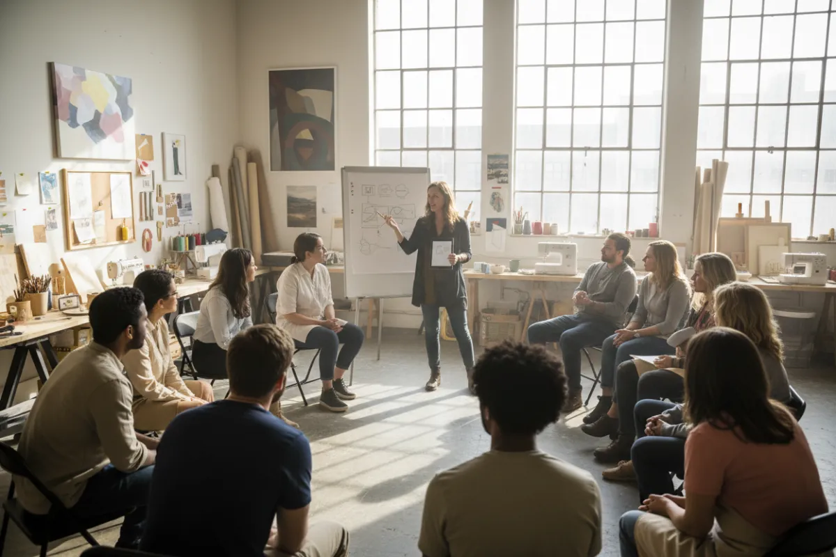 A diverse group of studio owners attentively listening to a master instructor in a modern, sunlit studio space, with large windows and creative tools visible, captured in a vibrant, documentary style. Everyone is engaged and inspired.