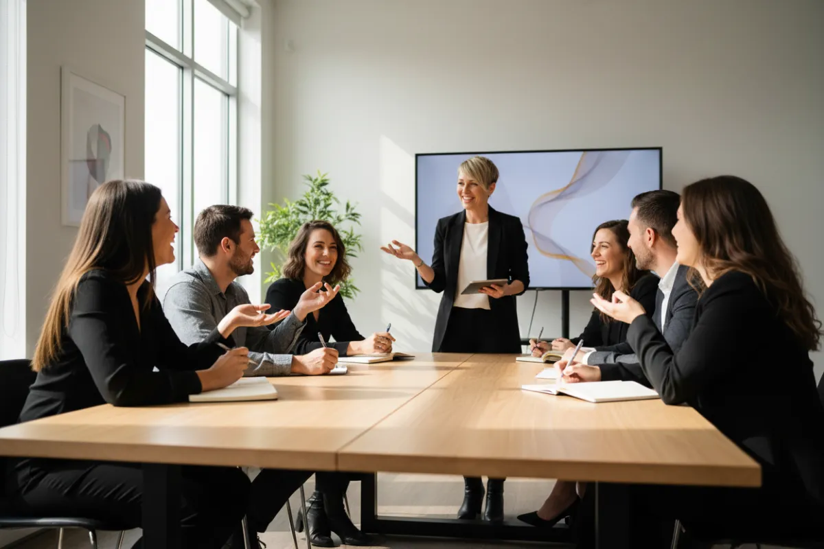 A group of studio owners gathered around a table, enthusiastically discussing ideas and taking notes, with a master instructor guiding the session. The environment is collaborative, energetic, and modern, shot in a candid, lifestyle style.