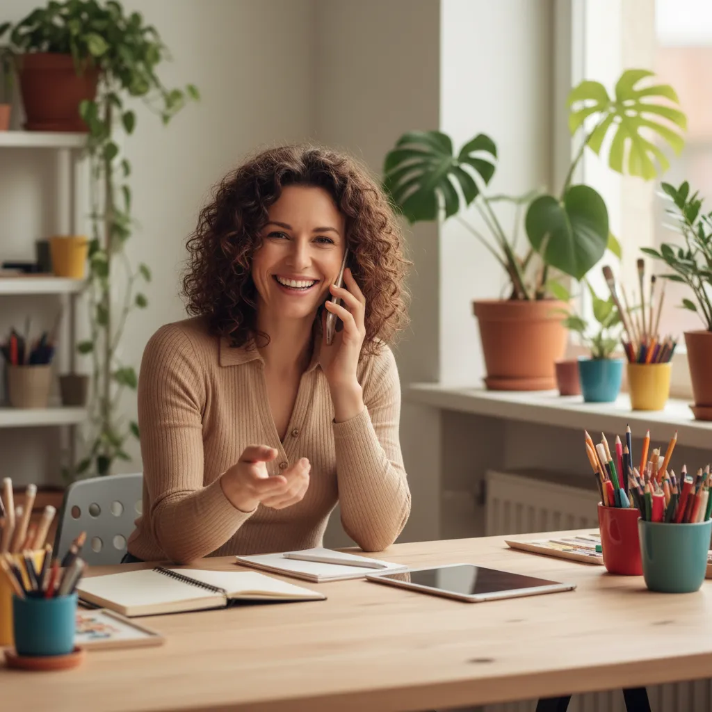 A cheerful studio owner speaking on the phone while reviewing notes at a tidy desk, with plants and art supplies in the background. The scene is warm, approachable, and professional, captured in a natural, lifestyle style.
