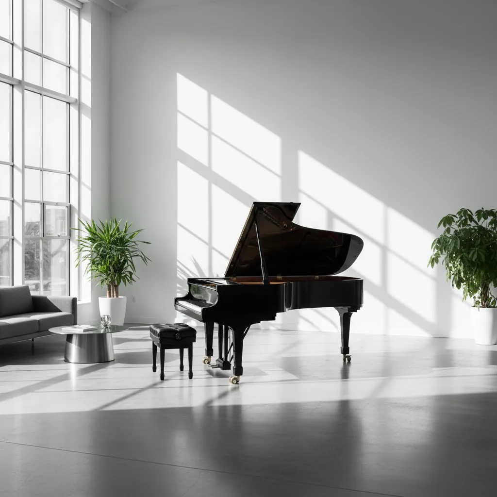 A single grand piano in a minimalist, high-end studio, bathed in natural light, with no people present. The setting is pristine, modern, and exudes exclusivity, photographed in a clean, editorial style.