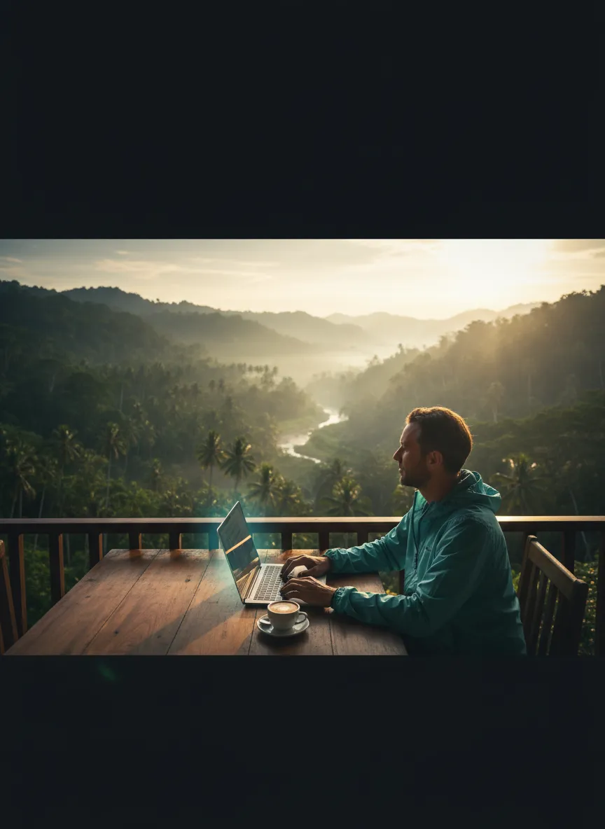Professional working remotely from a beautiful destination
