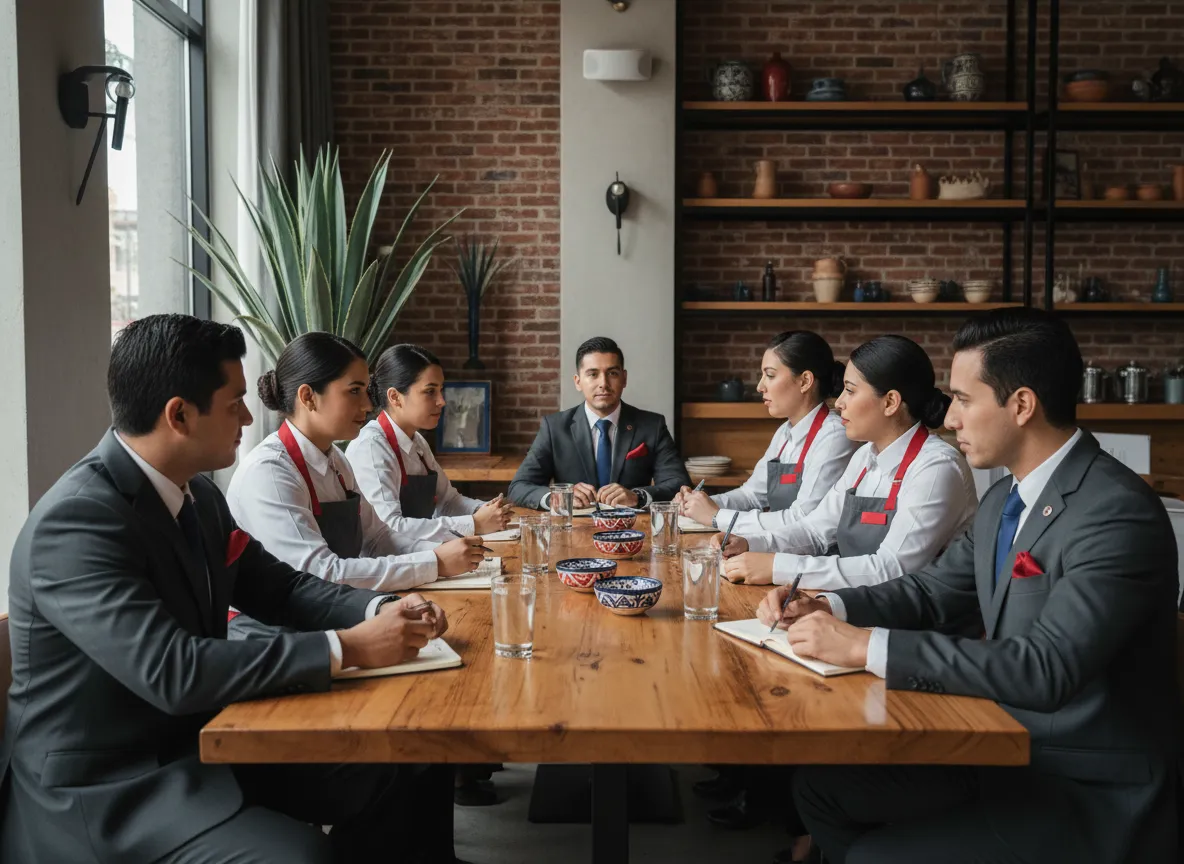 Equipo de consultoría trabajando en restaurante mexicano
