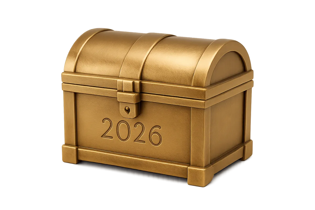 Izolowany fotorealistyczny 3D obiekt — elegancka złota skrzynia z grawerem 2026