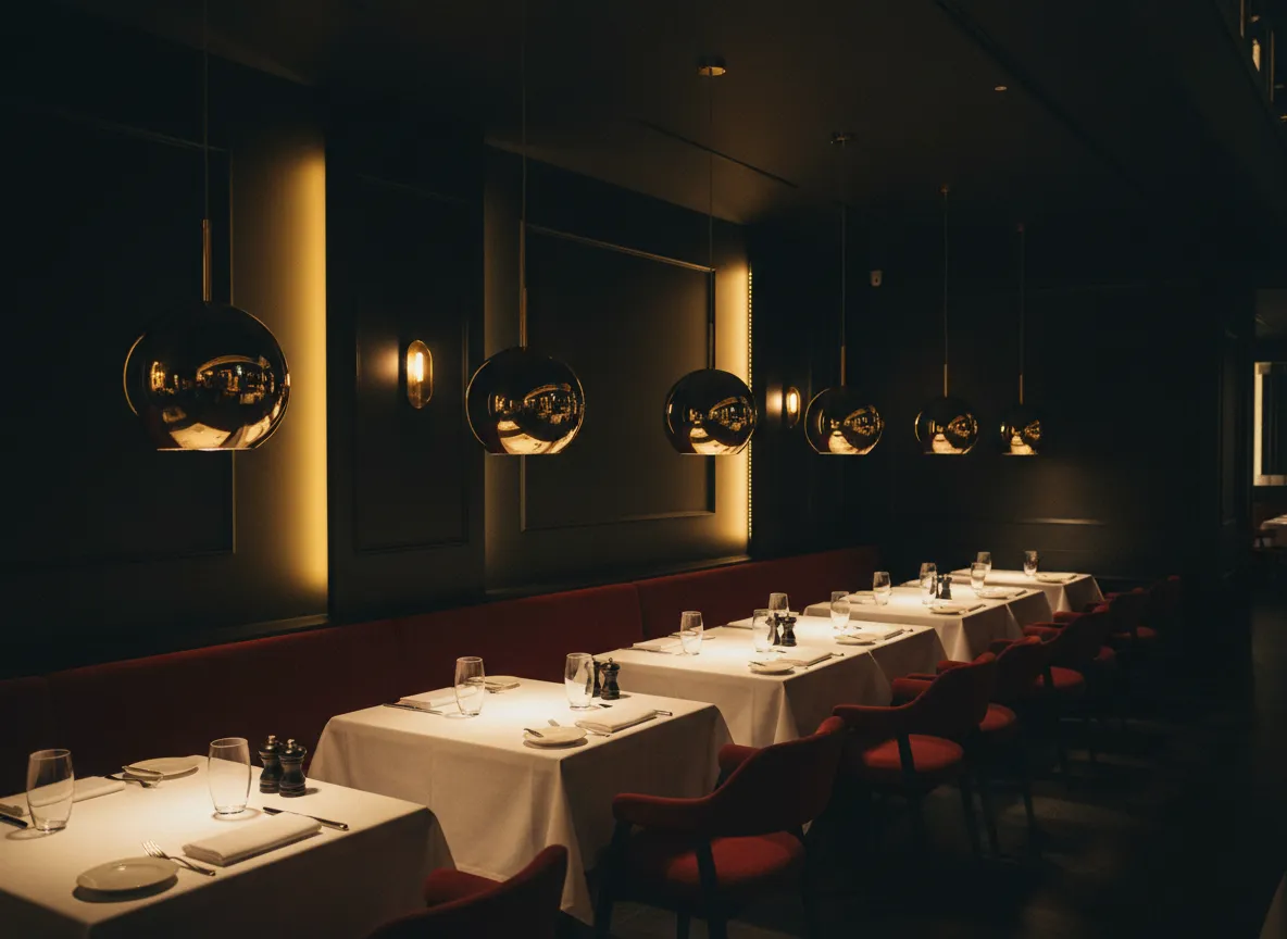Wnętrze eleganckiej restauracji ze złoto‑czarno‑czerwonymi detalami