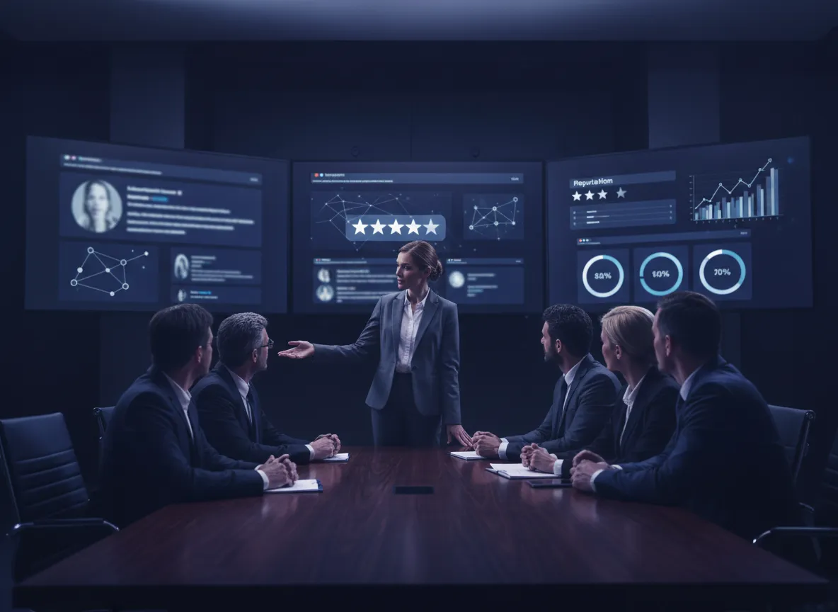 Team arbeitet an Markenreputations-Strategie mit Daten und Social-Media-Screens