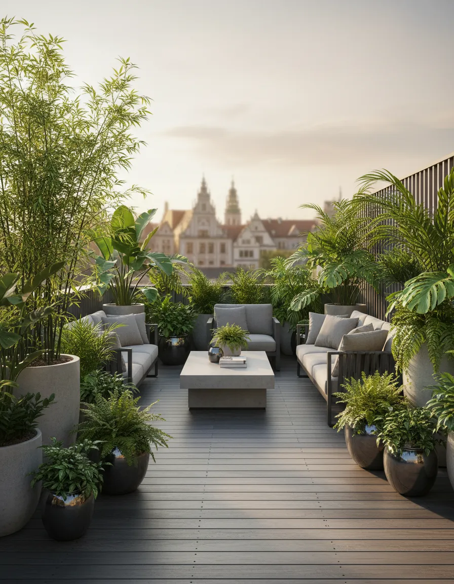 Nowoczesny taras z roślinami w donicach - wizualizacja sklepu ogrodniczego online