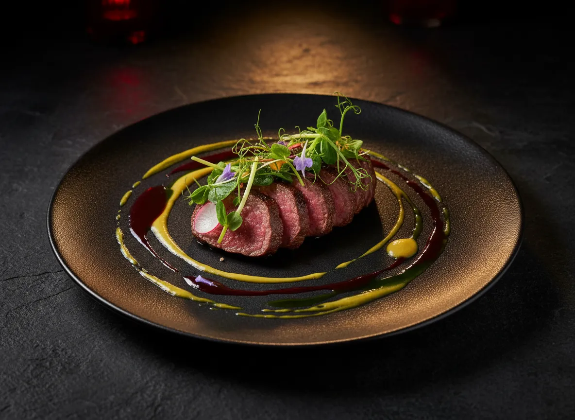 Talerz z daniem głównym w spotlightcie na ciemnym tle