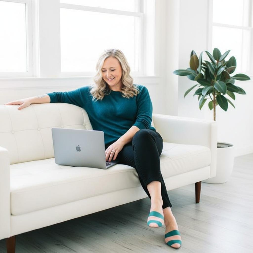 Emily Whitish sitzt auf einem Sofa